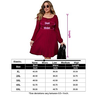 Women Plus Size Square Neck Long Sleeve Tie Front A Line Dress