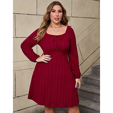 Women Plus Size Square Neck Long Sleeve Tie Front A Line Dress