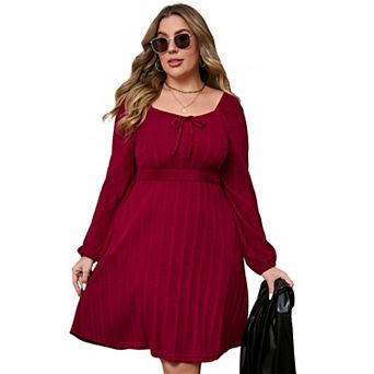 Women Plus Size Square Neck Long Sleeve Tie Front A Line Dress
