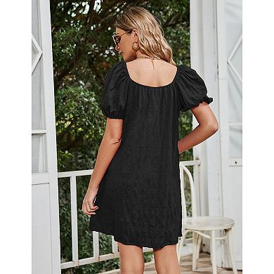Women Short Sleeve Button Loose Mini Babydoll Dress
