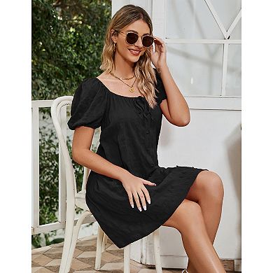 Women Short Sleeve Button Loose Mini Babydoll Dress