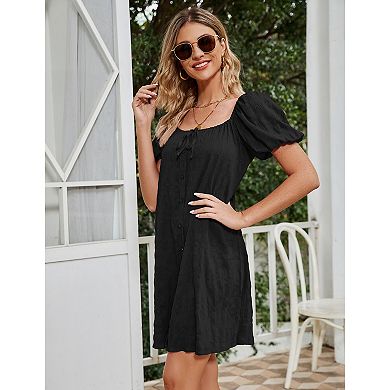 Women Short Sleeve Button Loose Mini Babydoll Dress