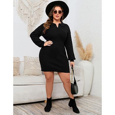 Plus Size Knit Dresses for Women Long Sleeve Collared Fitted Sweater Dress
