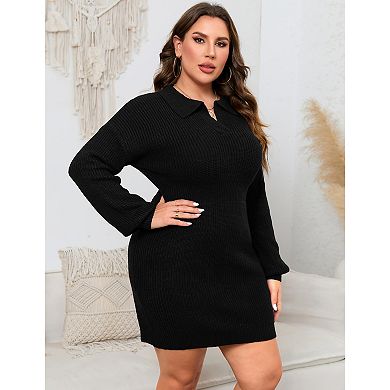 Plus Size Knit Dresses for Women Long Sleeve Collared Fitted Sweater Dress