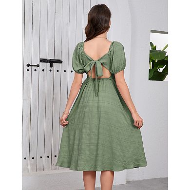 Women Puff Sleeve Tie Back Flowy Maternity Dress