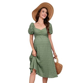 Women Puff Sleeve Tie Back Flowy Maternity Dress