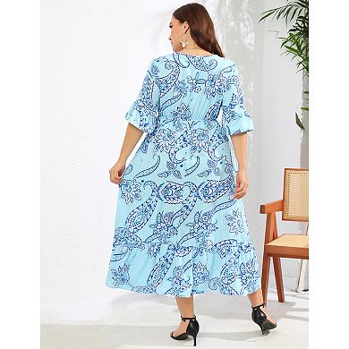 Women Plus Size Casual Short Sleeve Printed Long Dress