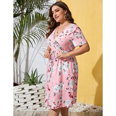 Women Plus Size Casual V Neck Knee Length Dress with Pockets