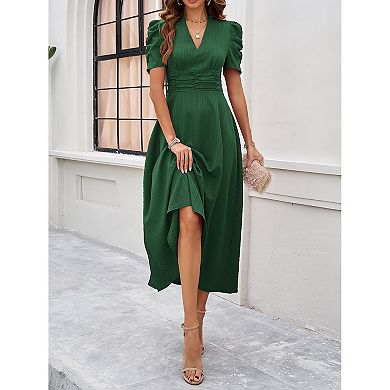 Women Casual Lantern Sleeve V Neck Swing A Line Dress