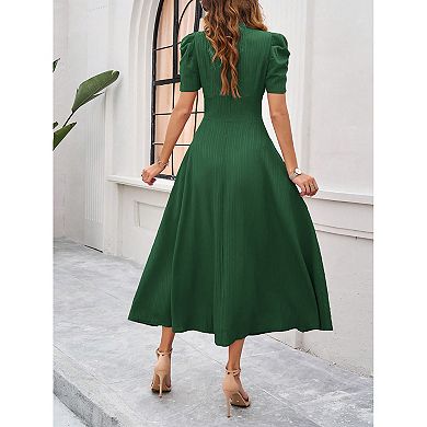 Women Casual Lantern Sleeve V Neck Swing A Line Dress