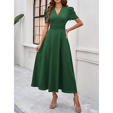 Women Casual Lantern Sleeve V Neck Swing A Line Dress