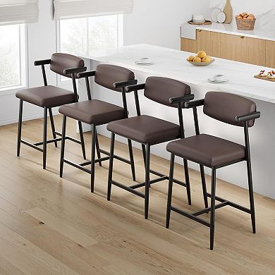SunnyFurn Upholstered 26" Counter Height Bar Stools with Arms Set of 2, Brown Leather