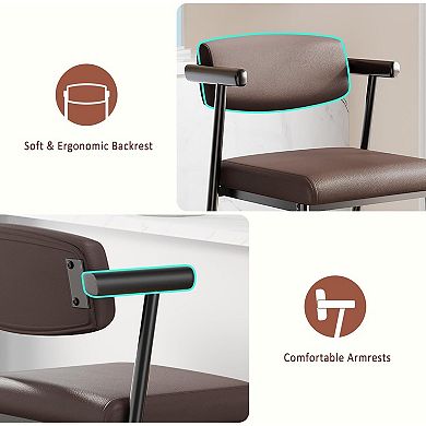 SunnyFurn Upholstered 26" Counter Height Bar Stools with Arms Set of 2, Brown Leather
