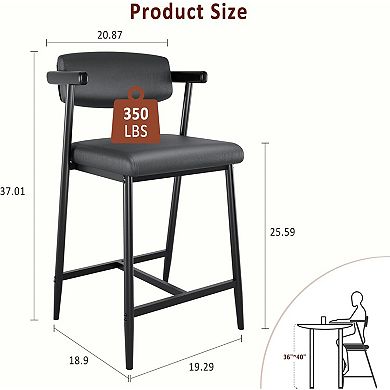 SunnyFurn Upholstered 26" Counter Height Bar Stools with Arms Set of 2, Brown Leather