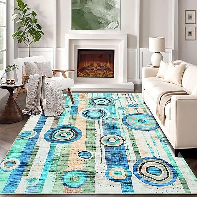 Washable Abstract Circle Area Rug, Non-Slip Low-Pile Stain-Resistant Carpet