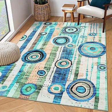 Washable Abstract Circle Area Rug, Non-Slip Low-Pile Stain-Resistant Carpet