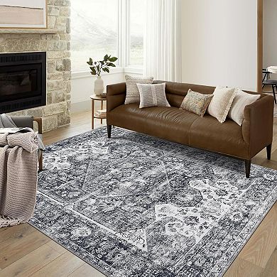 Washable Vintage Medallion Rug, Non-Slip Foldable Soft Indoor Carpet for Bedroom