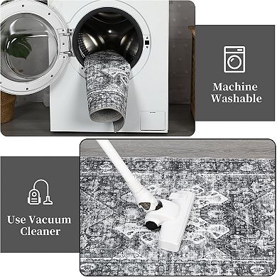 Washable Vintage Medallion Rug, Non-Slip Foldable Soft Indoor Carpet for Bedroom