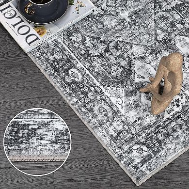 Washable Vintage Medallion Rug, Non-Slip Foldable Soft Indoor Carpet for Bedroom