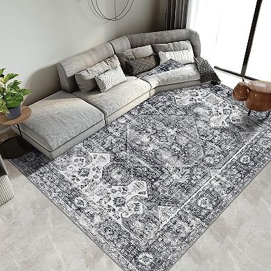 Washable Vintage Medallion Rug, Non-Slip Foldable Soft Indoor Carpet for Bedroom