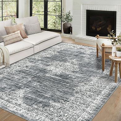 MilleLomm Washable Vintage Boho Rug, Stain-Resistant Non-Slip Floral Carpet for Home