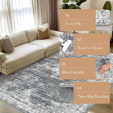 MilleLomm Washable Vintage Boho Rug, Stain-Resistant Non-Slip Floral Carpet for Home