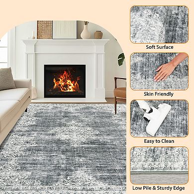 MilleLomm Washable Vintage Boho Rug, Stain-Resistant Non-Slip Floral Carpet for Home
