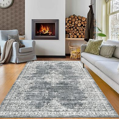 MilleLomm Washable Vintage Boho Rug, Stain-Resistant Non-Slip Floral Carpet for Home
