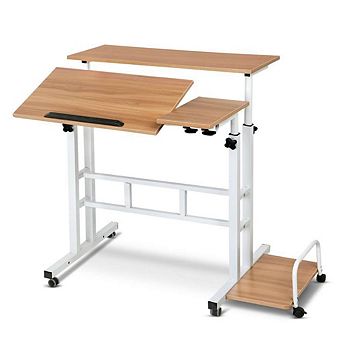 1 Set Wooden Adjustable Height Rolling Mobile Foldable Computer Desk Standing Workstation Light