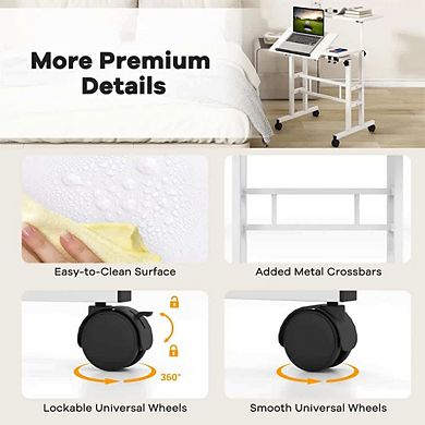 1 Set Wooden Adjustable Height Rolling Mobile Foldable Computer Desk Standing Workstation Light