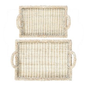 Hello Honey Decorative Rattan Trays with Handles & Whitewashed Finish (Set of 2 Sizes)