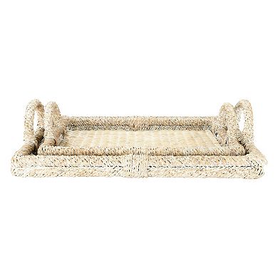 Hello Honey Decorative Rattan Trays with Handles & Whitewashed Finish (Set of 2 Sizes)