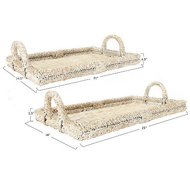 Hello Honey Decorative Rattan Trays with Handles & Whitewashed Finish (Set of 2 Sizes)