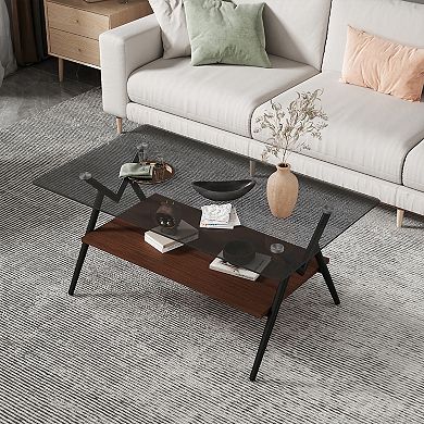 TEINIE Modern Rectangle Glass Coffee Table with Lower Shelf