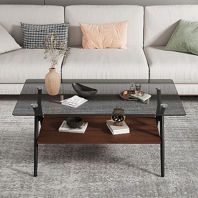 TEINIE Modern Rectangle Glass Coffee Table with Lower Shelf