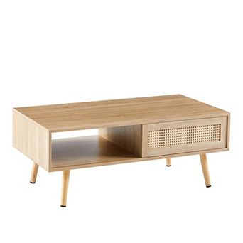 TEINIE BoHo Rattan Coffee Table with Sliding Storage Door