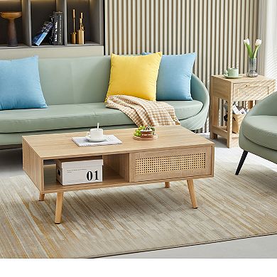 TEINIE BoHo Rattan Coffee Table with Sliding Storage Door