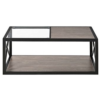 Half Glass Half Wood Coffee Table with X-Frame Metal Base