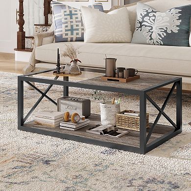 Half Glass Half Wood Coffee Table with X-Frame Metal Base
