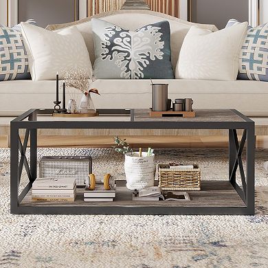 Half Glass Half Wood Coffee Table with X-Frame Metal Base