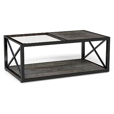 Half Glass Half Wood Coffee Table with X-Frame Metal Base