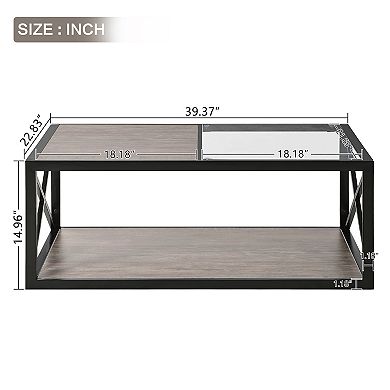Half Glass Half Wood Coffee Table with X-Frame Metal Base