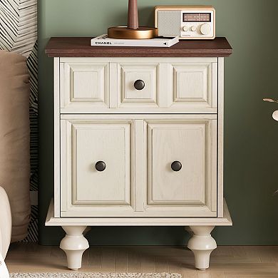 TEINIE Vintage Nightstand with 2 Drawers Roman Column Legs Antique White