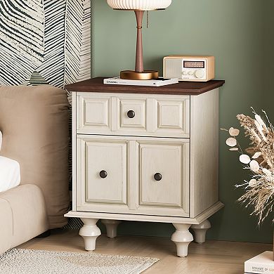 TEINIE Vintage Nightstand with 2 Drawers Roman Column Legs Antique White