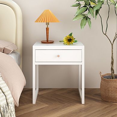TEINIE Modern White Nightstand with Drawer Minimalist Bedside Table Wood Knob
