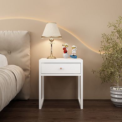 TEINIE Modern White Nightstand with Drawer Minimalist Bedside Table Wood Knob