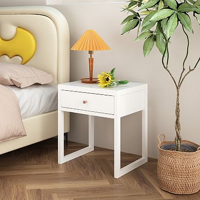 TEINIE Modern White Nightstand with Drawer Minimalist Bedside Table Wood Knob