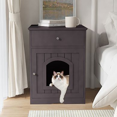 TEINIE Brown Wooden Cat Litter Box Enclosure Furniture Side Table Drawer