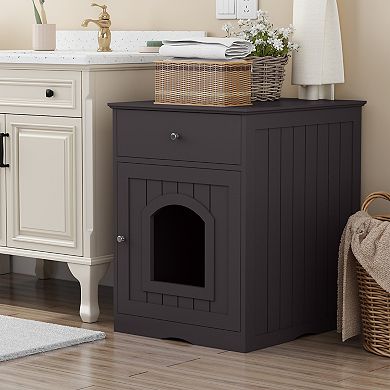 TEINIE Brown Wooden Cat Litter Box Enclosure Furniture Side Table Drawer