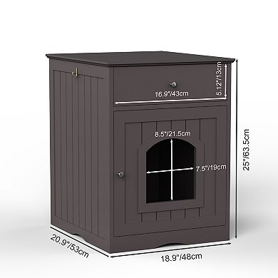 TEINIE Brown Wooden Cat Litter Box Enclosure Furniture Side Table Drawer